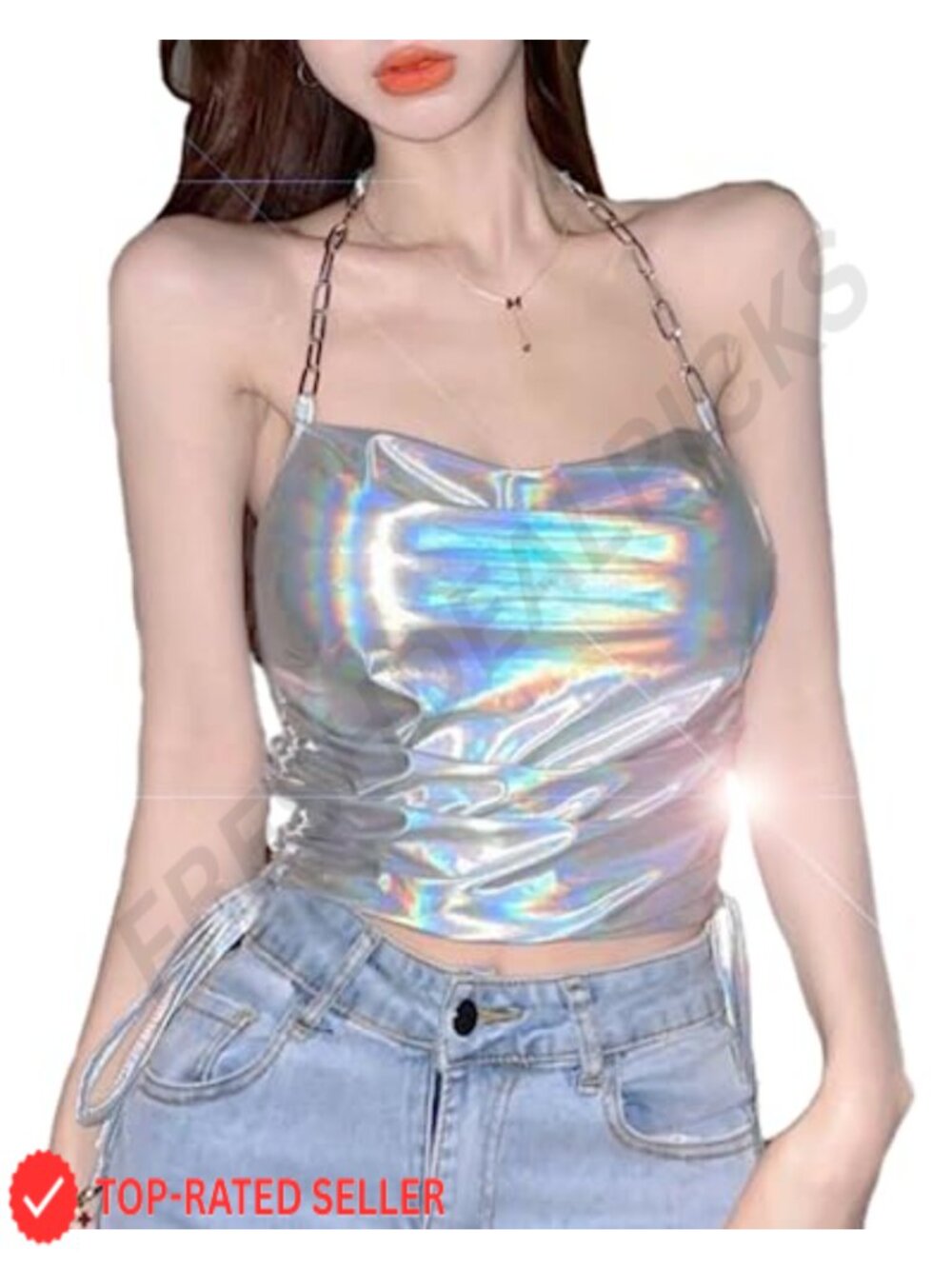 Faux Leather Chain Halter Cowl Neck Crop Cami Club Top